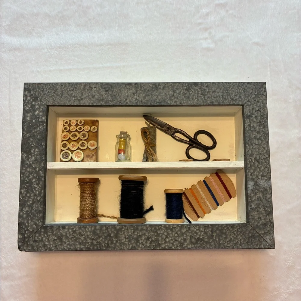 Rustic Sewing Shadow Box Wall Decor in Silver and Cream